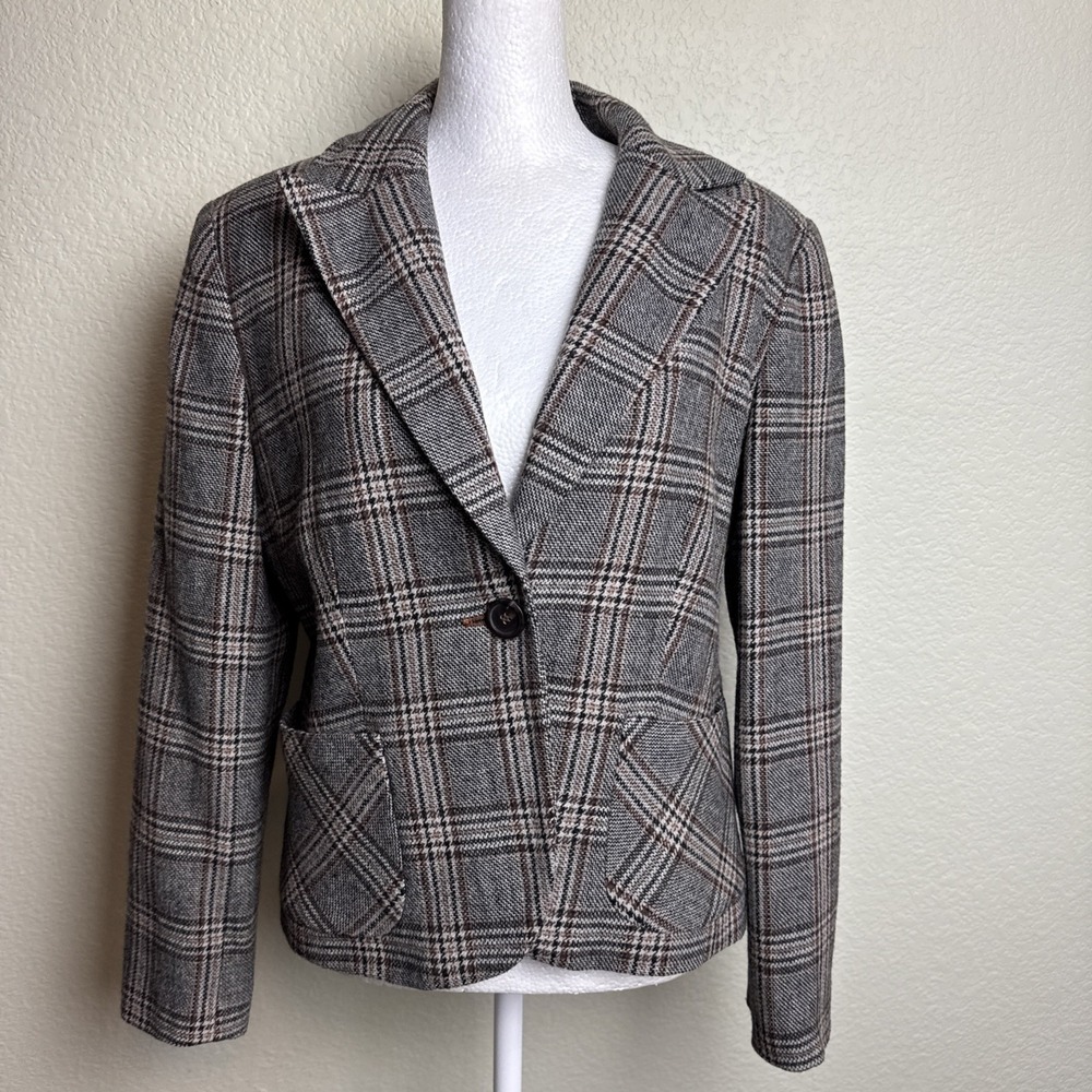 Chadwicks Petite Wool Blend Plaid Blazer Jacket Grey Brown Check‎ Suit Coat 8P